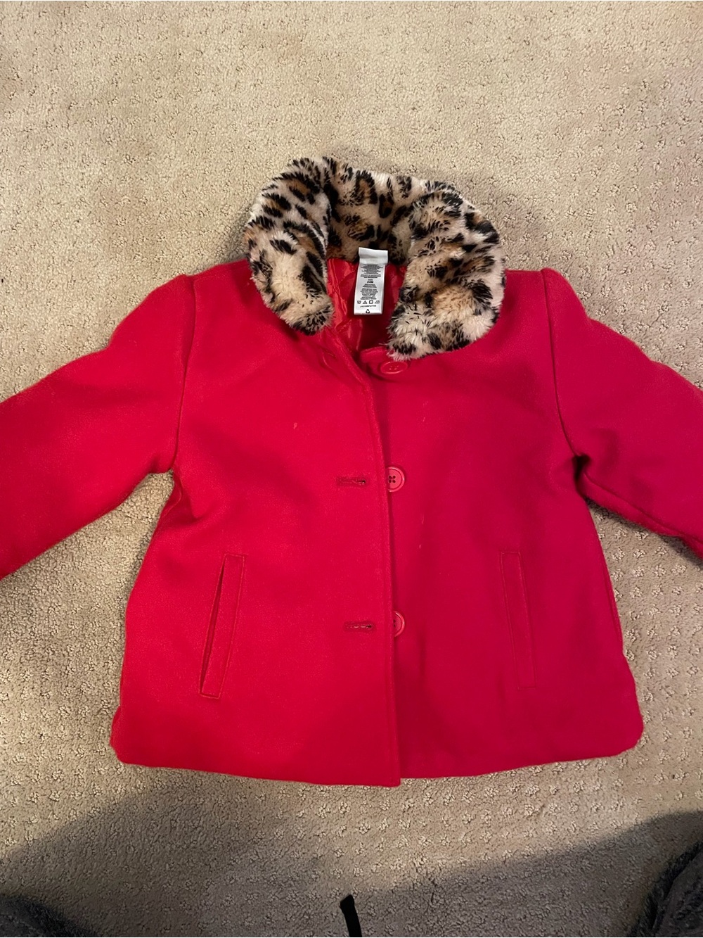 Little Me Girls Red Coat with Faux Leopard Fur Collar